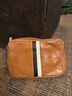 Clare V. MIDI Sac Tan Leather Crossbody Pouch with Black and White Stripe